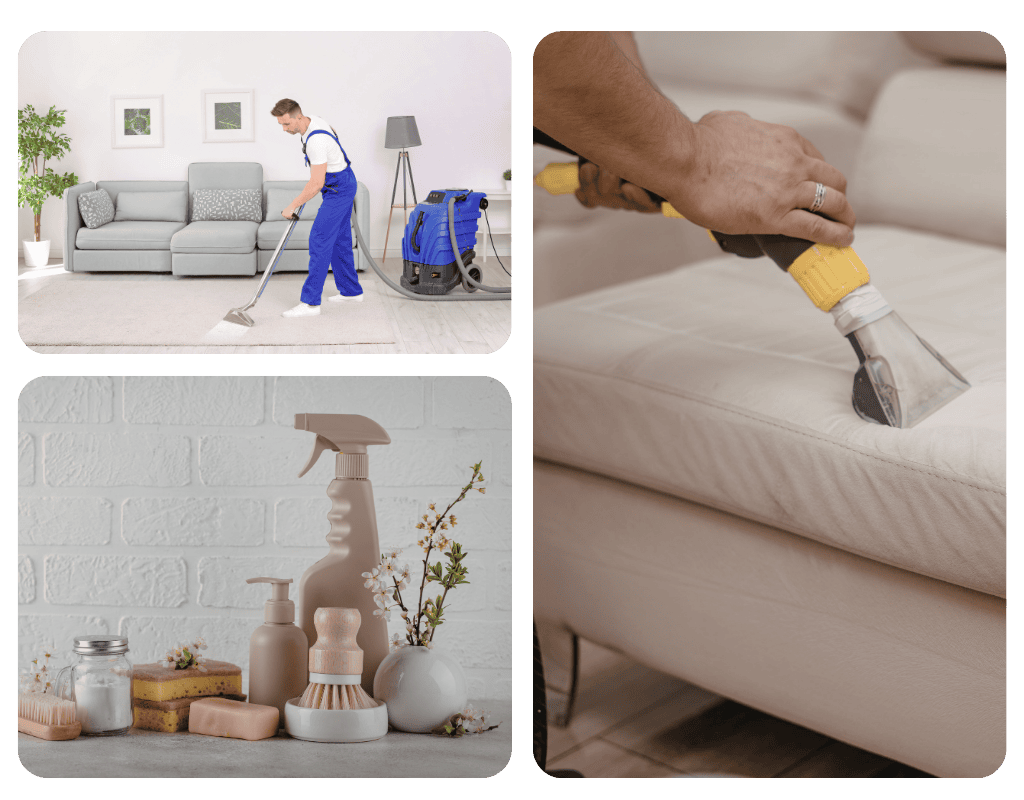Cleaning supplies including gloves, spray bottles, sponges, and microfiber cloths used by house cleaning professionals