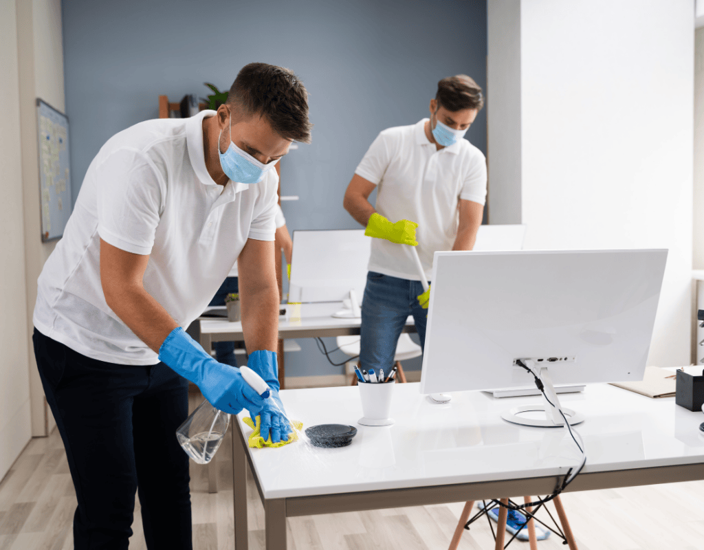 Commercial cleaning team mopping floors and cleaning surfaces inside office workspace