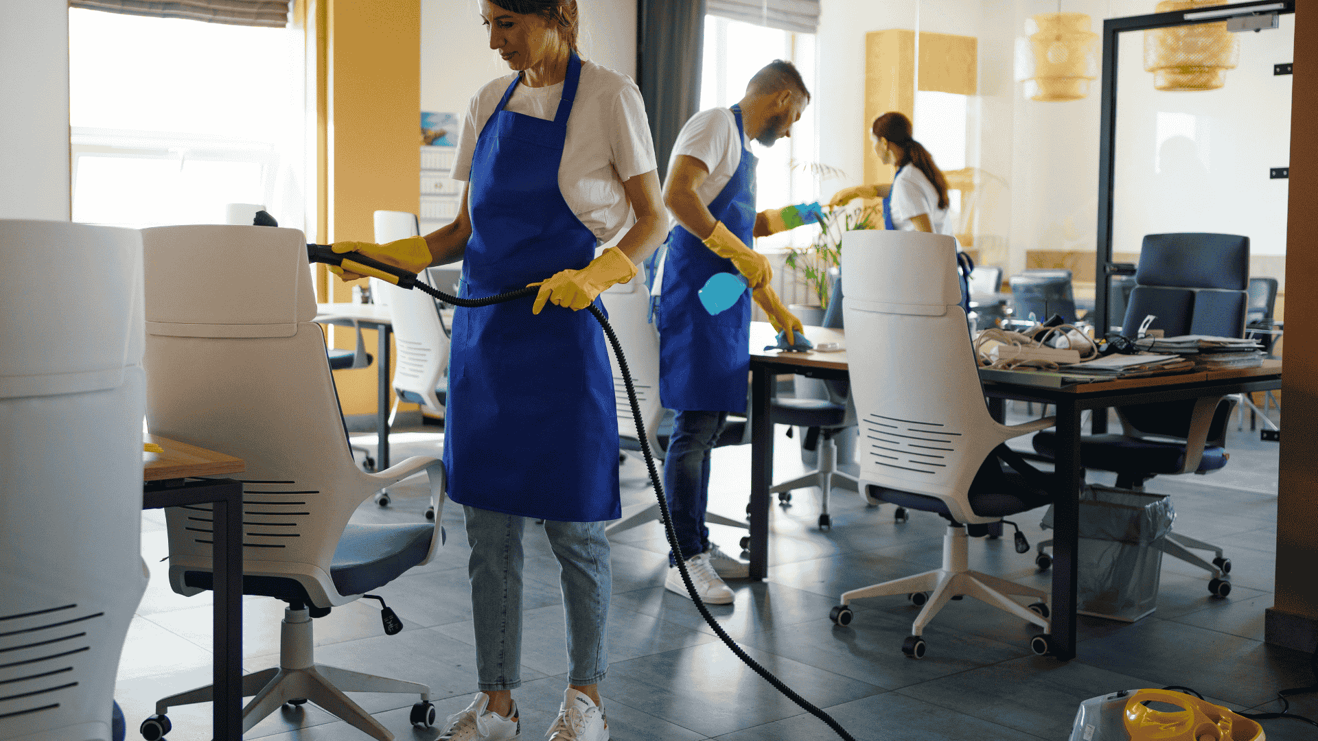 Cleaning staff vacuuming and sanitizing office workspace during commercial cleaning service