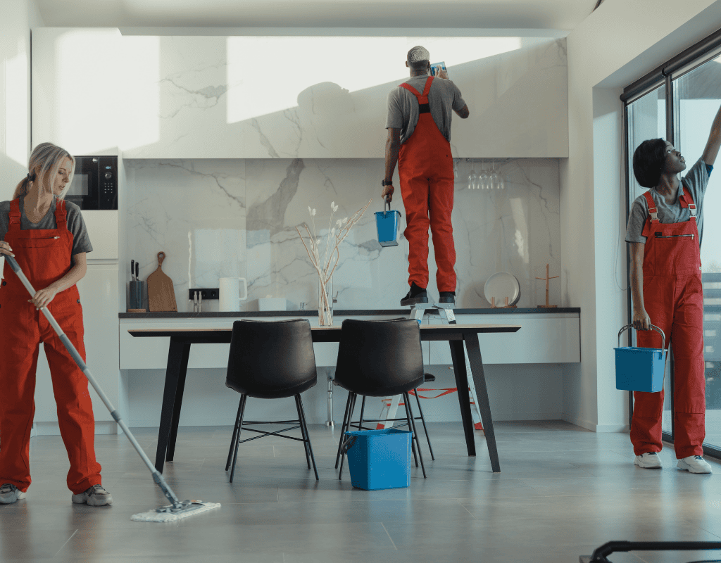 Professional cleaning team vacuuming and cleaning furniture during move in or move out cleaning service