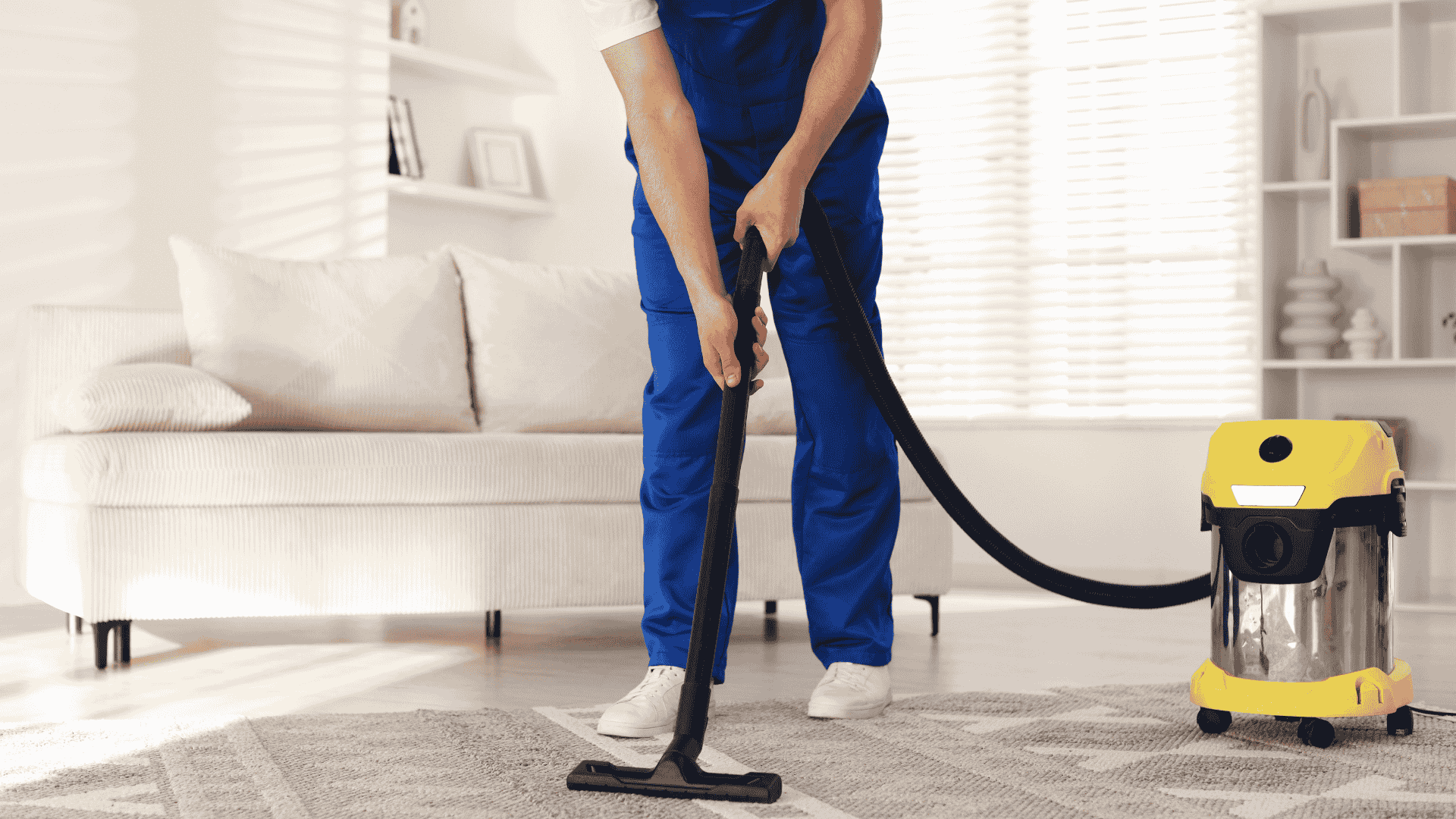 Professional cleaner vacuuming carpet in living room during standard house cleaning service