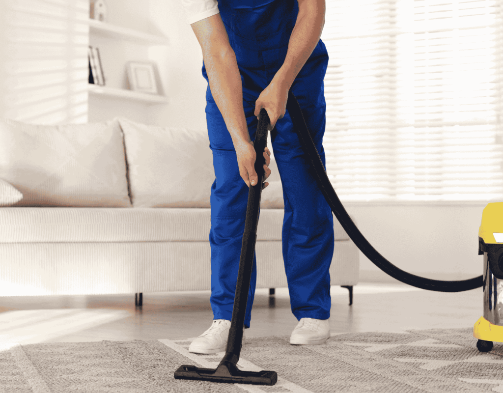 Professional cleaner vacuuming carpet in living room during standard house cleaning service